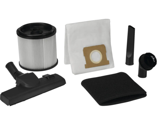 Set accesorii aspirator cu filtru cartuș, sac de praf, duză de podea, filtru de spumă, duză pentru rosturi și perie rotundă.