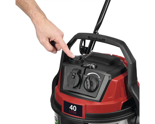 Aspirator umed-uscat Einhell cu rezervor de 40 litri, panou de control cu priză și regulator rotativ.