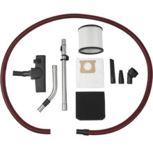 Set accesorii aspirator cu furtun roșu, tuburi metalice, duză podea, sac praf, filtru cutat, filtru spumă și diverse duze.