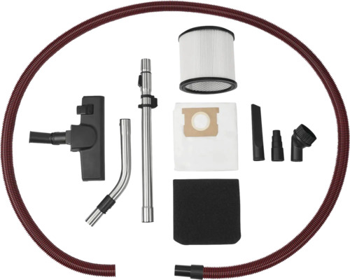 Set accesorii aspirator cu furtun roșu, tuburi metalice, duză podea, sac praf, filtru cutat, filtru spumă și diverse duze.