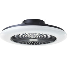 Ventilator de tavan modern cu iluminat LED integrat, design circular, carcasă din plastic cu grilă lamelară.