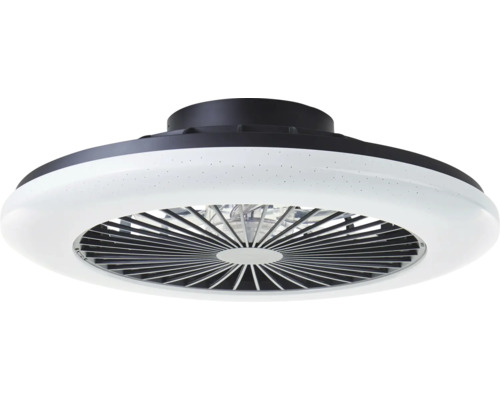 Ventilator de tavan modern cu iluminat LED integrat, design circular, carcasă din plastic cu grilă lamelară.