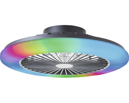 Ventilator de tavan modern cu inel luminos LED în culorile curcubeului și grilă centrală în fața palelor ventilatorului.