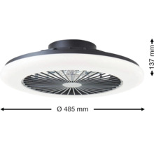 Ventilator de tavan negru cu iluminare LED albă, diametru 485 milimetri, înălțime 137 milimetri.