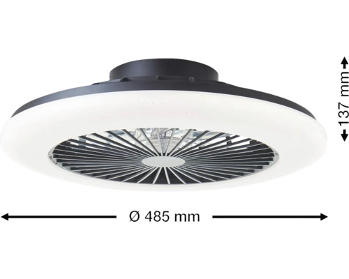 Ventilator de tavan negru cu iluminare LED albă, diametru 485 milimetri, înălțime 137 milimetri.