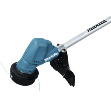 Cap de tăiere pentru trimmer de gazon Makita cu fir de nailon verde, apărătoare neagră și tijă metalică argintie.