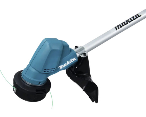 Cap de tăiere pentru trimmer de gazon Makita cu fir de nailon verde, apărătoare neagră și tijă metalică argintie.