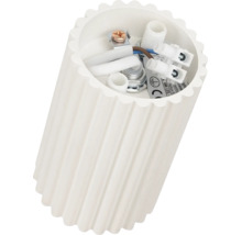 Vedere interioară a unei baze cilindrice albe pentru lampă cu suprafață striată inclusiv rigletă și cablaj electric
