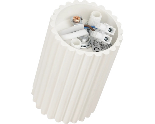 Vedere interioară a unei baze cilindrice albe pentru lampă cu suprafață striată inclusiv rigletă și cablaj electric
