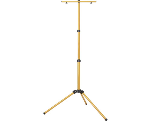 Stativ telescopic galben pentru proiectoare de șantier și lămpi de lucru, cu trei picioare și înălțime reglabilă.