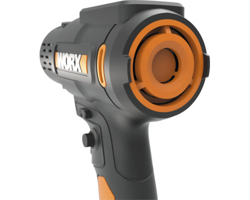 Pistol cu aer cald WORX negru și portocaliu cu mâner ergonomic, duză rotundă și WORX Logo.