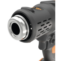 Pistol cu aer cald cu duză metalică, fante de ventilație și simbol de avertizare pentru căldură.