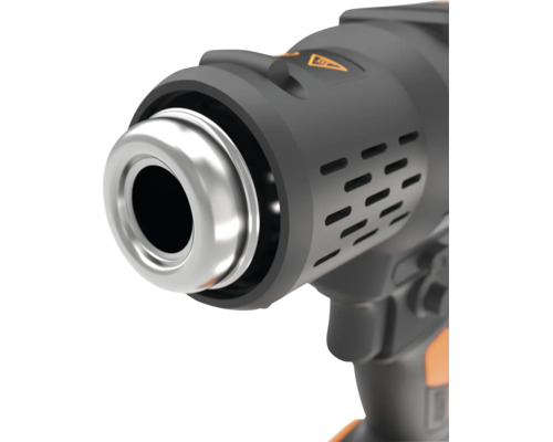 Pistol cu aer cald cu duză metalică, fante de ventilație și simbol de avertizare pentru căldură.