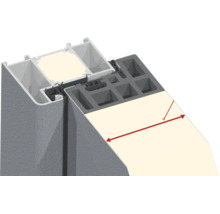 Secțiune transversală a unui profil de fereastră cu sistem multicameral și săgeată care indică adâncimea.