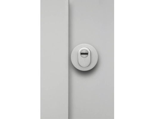 Rozetă de siguranță rotundă cu protecție pentru cilindru din oțel inoxidabil pe o ușă.