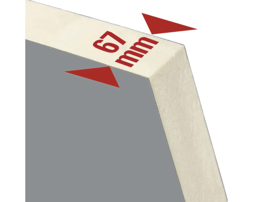 Vedere detaliată a unui panou care ilustrează o grosime a materialului de 67 milimetri.
