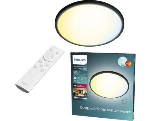 Plafonieră LED Philips Valen neagră cu telecomandă, 2900 lumeni, 22 wați, reglabilă, diametru 421 milimetri.