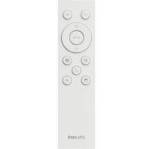 Telecomandă Philips albă pentru iluminat inteligent cu butoane pentru pornit, oprit, luminozitate și scene și Philips Logo.