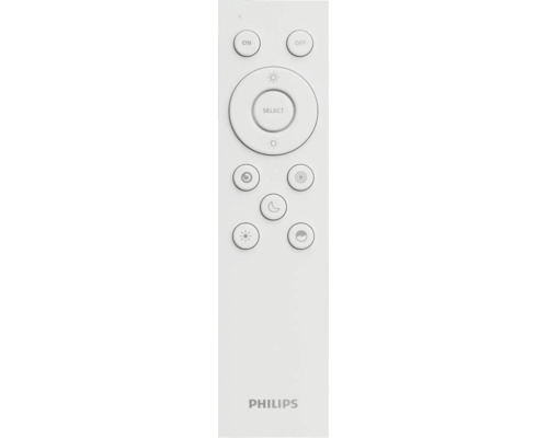 Telecomandă Philips pentru iluminat inteligent, Philips Logo, butoane pentru pornire, oprire, luminozitate și scene de lumină.
