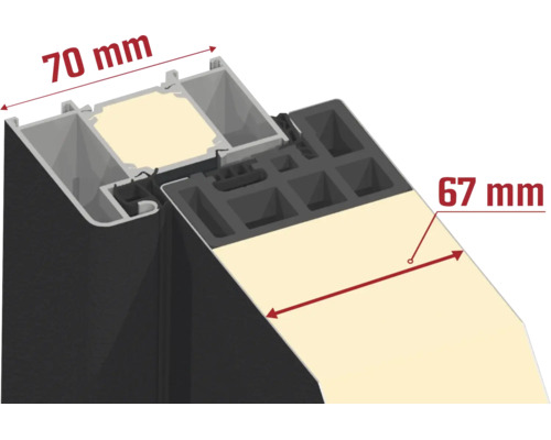 Secțiune transversală a unui profil de ușă cu o adâncime de construcție de 70 milimetri și o grosime a umpluturii de 67 milimetri.