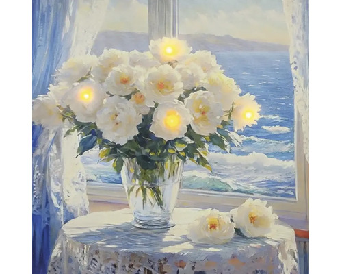 Tablou pe pânză cu iluminare LED, buchet de flori în vază pe o masă în fața unei ferestre cu vedere la mare, stil impresionist.