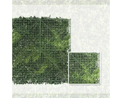Vedere din spate a unui perete vegetal artificial verde cu structură de grilă din plastic.