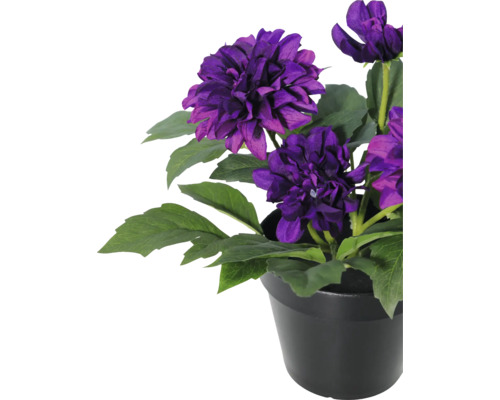 Dalie artificială în ghiveci negru cu flori violete și frunze verzi.