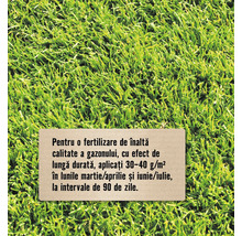 Instrucțiuni pentru fertilizarea gazonului cu efect de lungă durată prin aplicarea a 30 până la 40 grame pe metru pătrat la intervale de 90 zile.