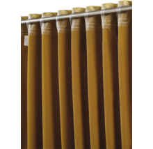 Perdea galben-muștar cu bucle ascunse pe o tijă metalică, material texturat.