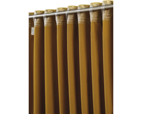 Perdea galben-muștar cu bucle ascunse pe o tijă metalică, material texturat.