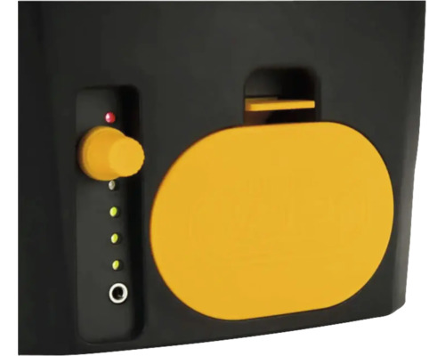 Vedere detaliată a unui panou de comandă cu un buton rotativ, indicatoare LED, o mufă pentru căști și un buton oval.
