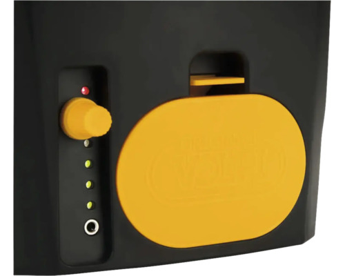 Vedere de aproape a unui panou de control negru cu buton rotativ galben, indicatoare luminoase și un capac oval galben mare.