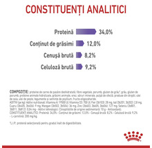 Constituenți analitici și compoziție: 34 la sută proteină, 12 la sută grăsimi, 8,2 la sută cenușă, 9,2 la sută celuloză, Royal Canin Logo.