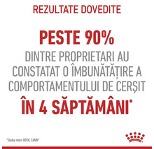 Peste 90 la sută dintre proprietari au constatat o îmbunătățire a comportamentului de cerșit în 4 săptămâni. Logo Royal Canin.