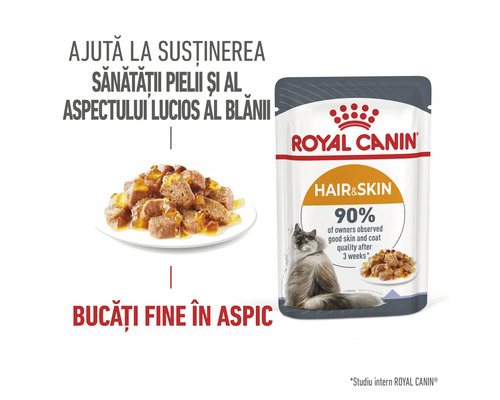 Hrană umedă Royal Canin Hair and Skin pentru pisici, bucățele fine în aspic pentru sănătatea pielii și a blănii. Royal Canin Logo.
