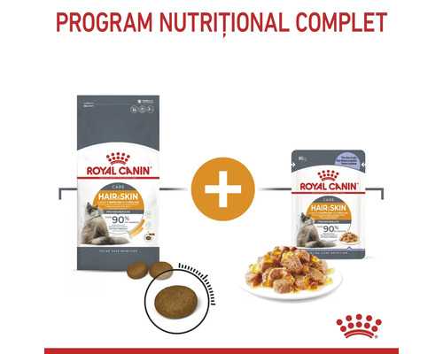 Program nutrițional complet pentru pisici cu hrană uscată și umedă Royal Canin Hair and Skin Care și Royal Canin Logo.