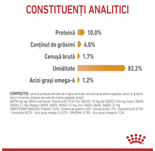 Constituenți analitici: proteină 10 la sută, grăsimi 4 la sută, cenușă 1,7 la sută, umiditate 82,2 la sută, omega-6 1,2 la sută, Royal Canin Logo