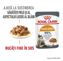 Royal Canin Hair and Skin hrană umedă pentru pisici, bucăți fine în sos pentru sănătatea pielii și a blănii, Royal Canin Logo.