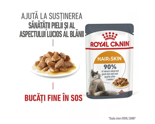 Royal Canin Hair and Skin hrană umedă pentru pisici, bucăți fine în sos pentru sănătatea pielii și a blănii, Royal Canin Logo.