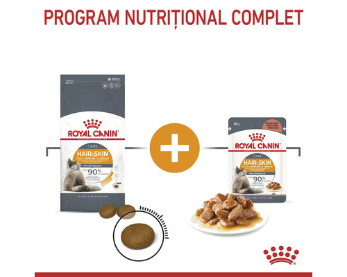 Combinație de hrană uscată și hrană umedă Royal Canin Hair and Skin Care pentru un program nutrițional complet pentru pisici.