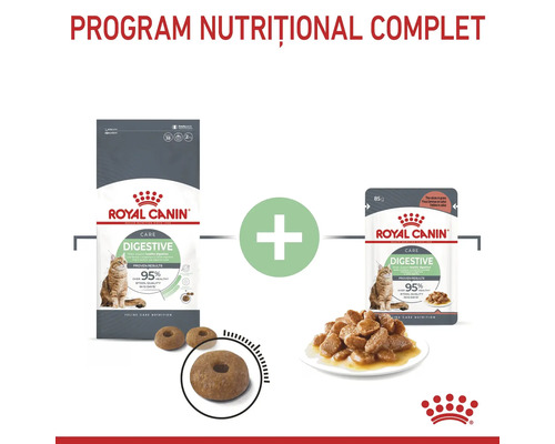 Program nutrițional Royal Canin Digestive Care cu hrană uscată și hrană umedă în sos pentru digestia pisicilor și Royal Canin Logo.