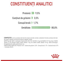 Constituenți analitici Royal Canin: proteine 9,5 la sută, grăsimi 3,5 la sută, cenușă 1,7 la sută și umiditate 80 la sută. Royal Canin Logo.