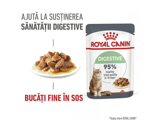 Royal Canin Logo, hrană umedă pentru pisici Royal Canin Digestive la plic, bucăți fine în sos pentru susținerea sănătății digestive.
