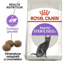 Royal Canin Logo, hrană pentru pisici Royal Canin Regular Sterilised 37 cu simbol pentru controlul greutății și dimensiune adaptată a crochetelor.