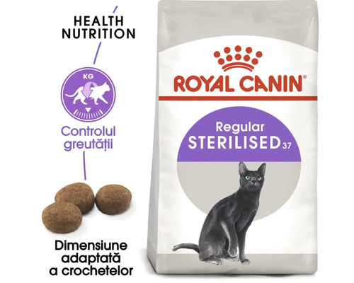 Royal Canin Logo, hrană pentru pisici Royal Canin Regular Sterilised 37 cu simbol pentru controlul greutății și dimensiune adaptată a crochetelor.