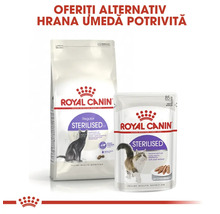 Hrană uscată și umedă Royal Canin Sterilised pentru pisici adulte sterilizate.