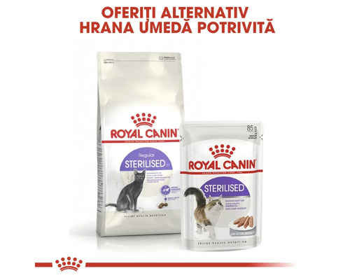 Hrană uscată și umedă Royal Canin Sterilised pentru pisici adulte sterilizate.
