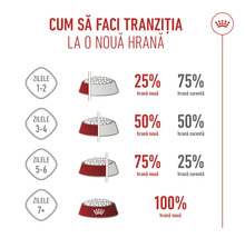 Infografic despre tranziția treptată la o hrană nouă pe parcursul a șapte zile, de la 25 la sută până la 100 la sută. Royal Canin Logo.