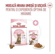 Mix de hrană uscată și umedă Royal Canin Kitten Sterilised pentru pui de pisică sterilizați cu vârsta între 6 și 12 luni. Royal Canin Logo.