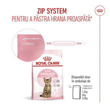 Hrană Royal Canin Kitten Sterilised cu sistem zip pentru a păstra hrana proaspătă și Royal Canin Logo.